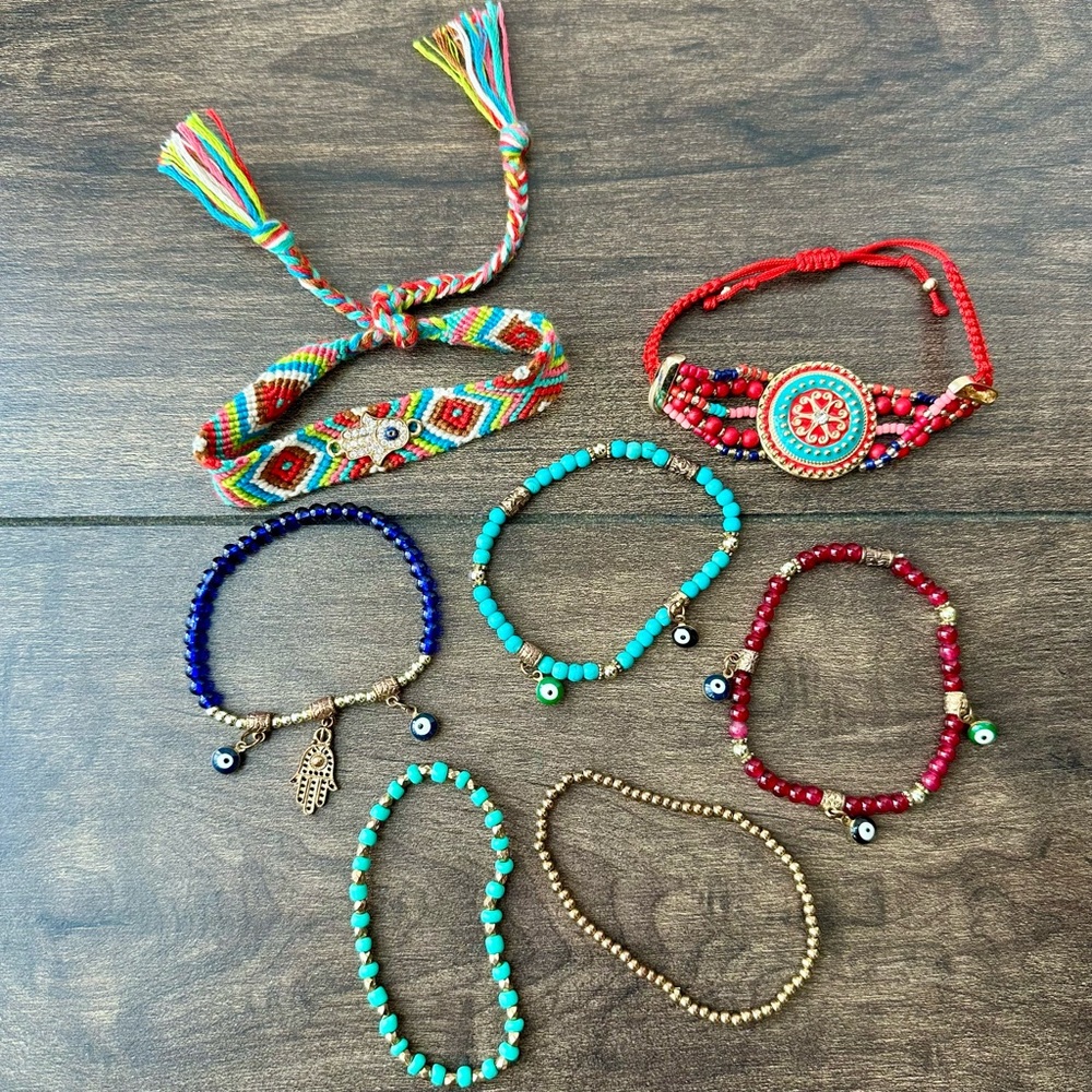 Colorful Beaded Stackable Bracelet Bundle -  Evil Eye,  Hand of Fatima Charms